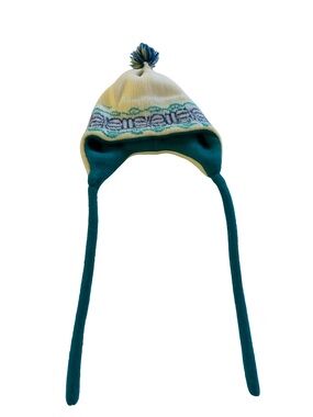 Vintage Cream & Teal Pom-Pom Earflap Hat - Turtle Fur- Vermont Wool & Acrylic